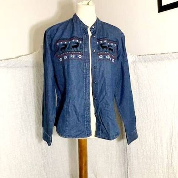 Bushwacker Vtg Christmas Denim Shirt Size M - Picture 2 of 9